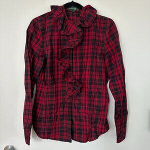 Ralph Lauren - Red & Black Plaid, Ruffle, Cotton Poplin Shirt